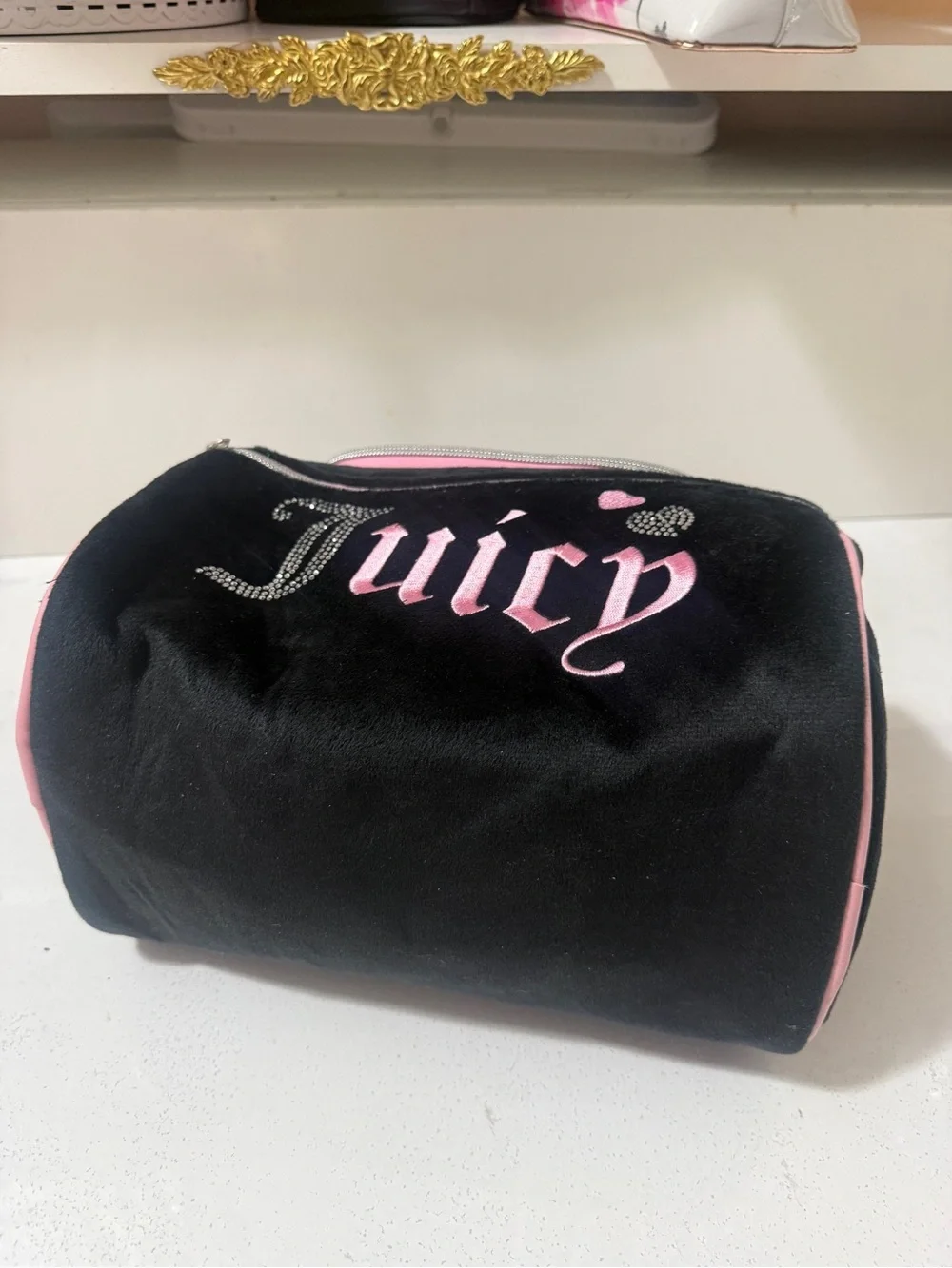 Juicy Couture Black and Pink Velvet Cosmetic Pouch